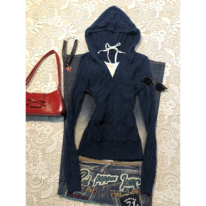 Navy hooded twist sweater