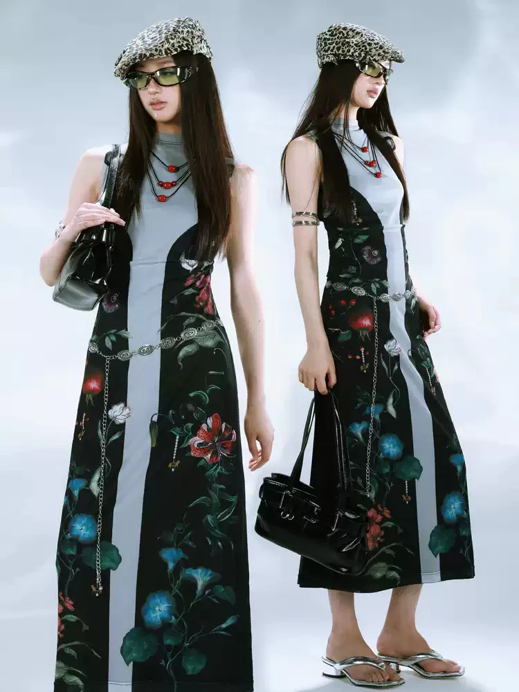 New Chinese Botanical Print Mesh Dress - Image 5