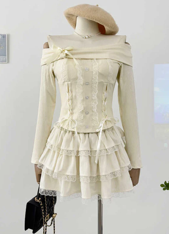 Off-shoulder Bow Dark Coquette Knitted Top Coord - Image 2