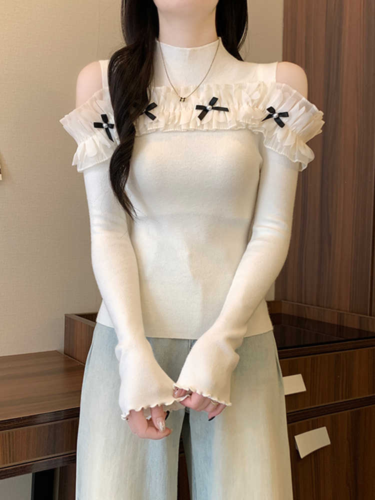 Off-shoulder Bow Ruffled Lace Long-sleeved Top - Image 2