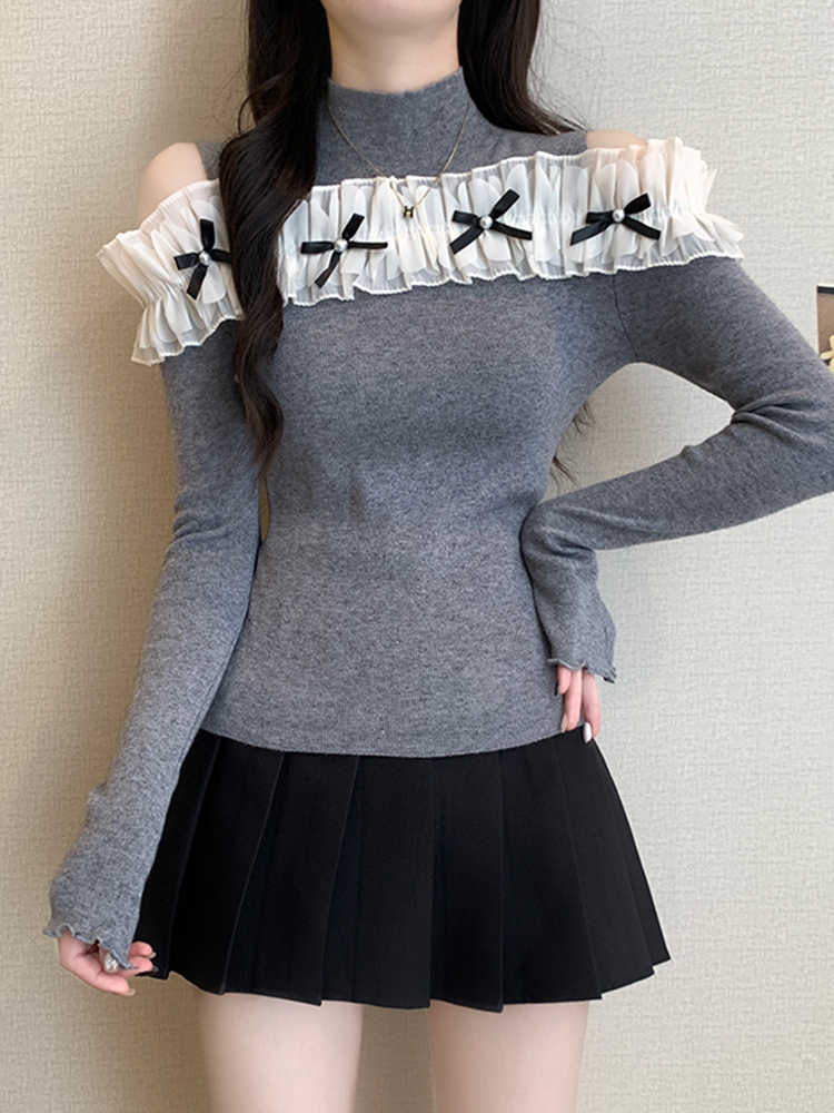 Off-shoulder Bow Ruffled Lace Long-sleeved Top - Image 3