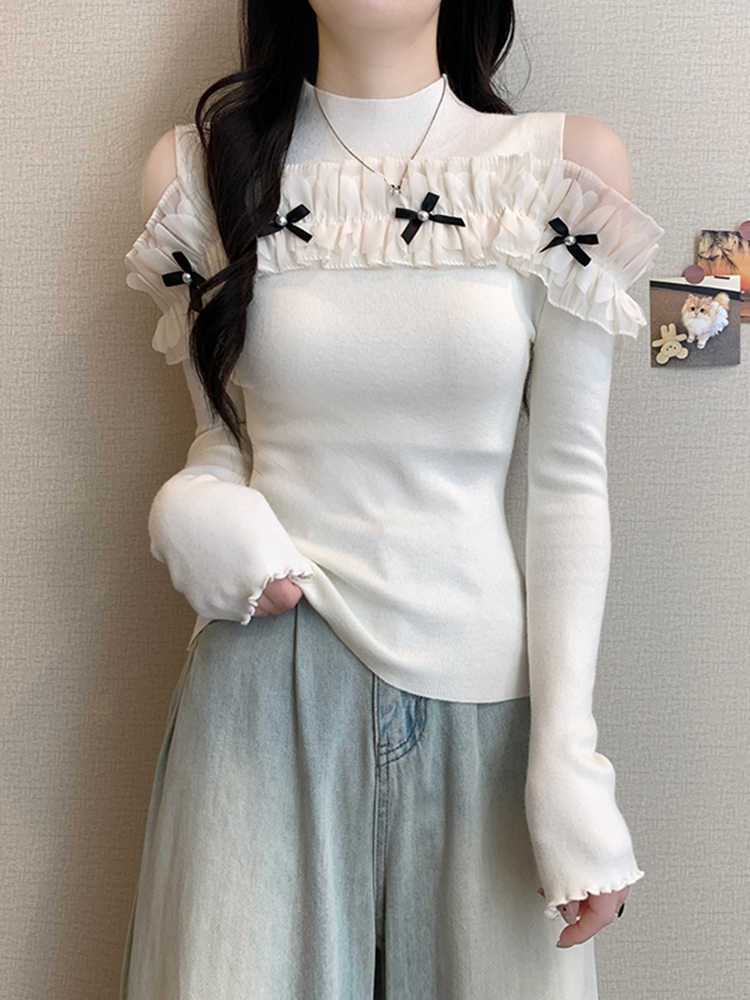 Off-shoulder Bow Ruffled Lace Long-sleeved Top - Image 5