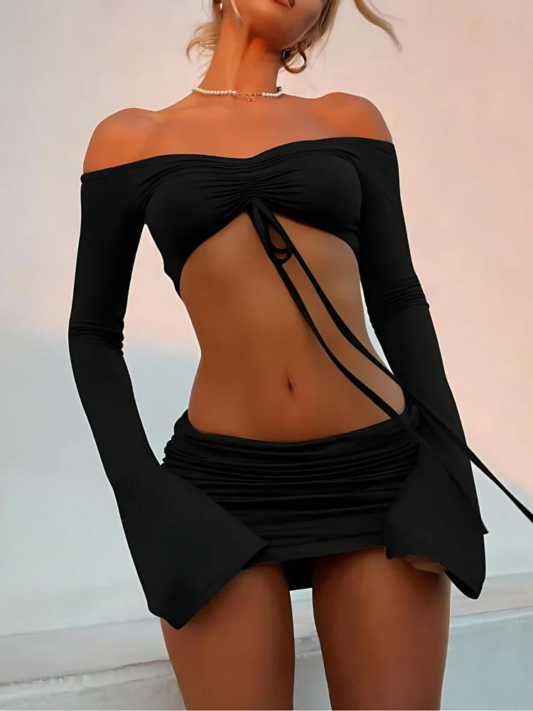Off Shoulder Crop Top & Mini Skirt Two Piece Coord - Image 3