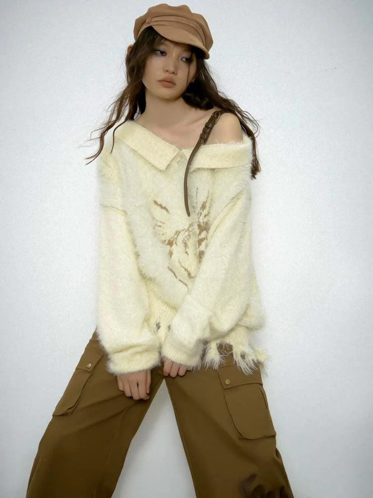 Distressed Knit Off Shoulder Sweater - Image 4
