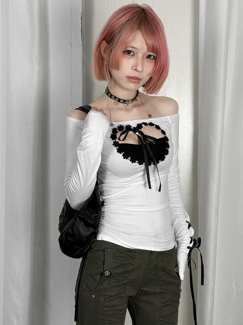 Off-shoulder Heart Hollow Bow Tie Long-sleeved Top - Image 2