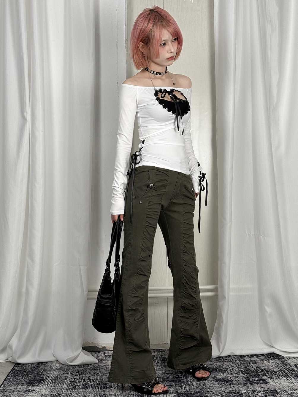 Off-shoulder Heart Hollow Bow Tie Long-sleeved Top - Image 3