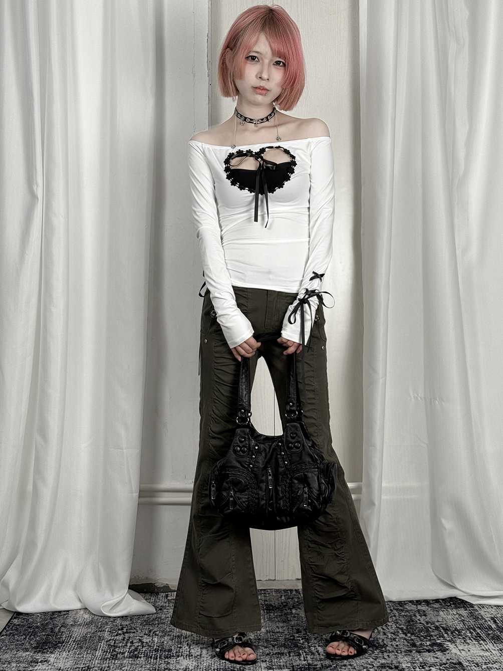 Off-shoulder Heart Hollow Bow Tie Long-sleeved Top - Image 4