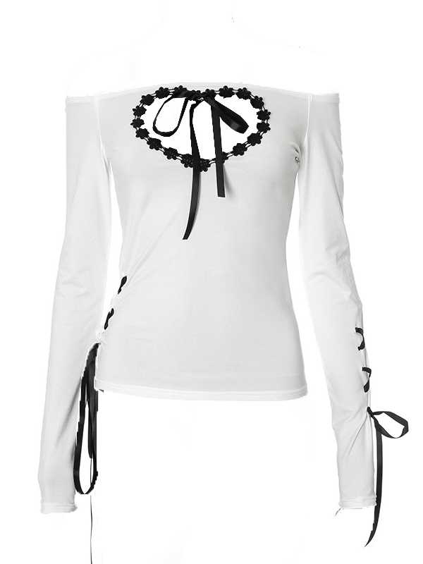 Off-shoulder Heart Hollow Bow Tie Long-sleeved Top - Image 5