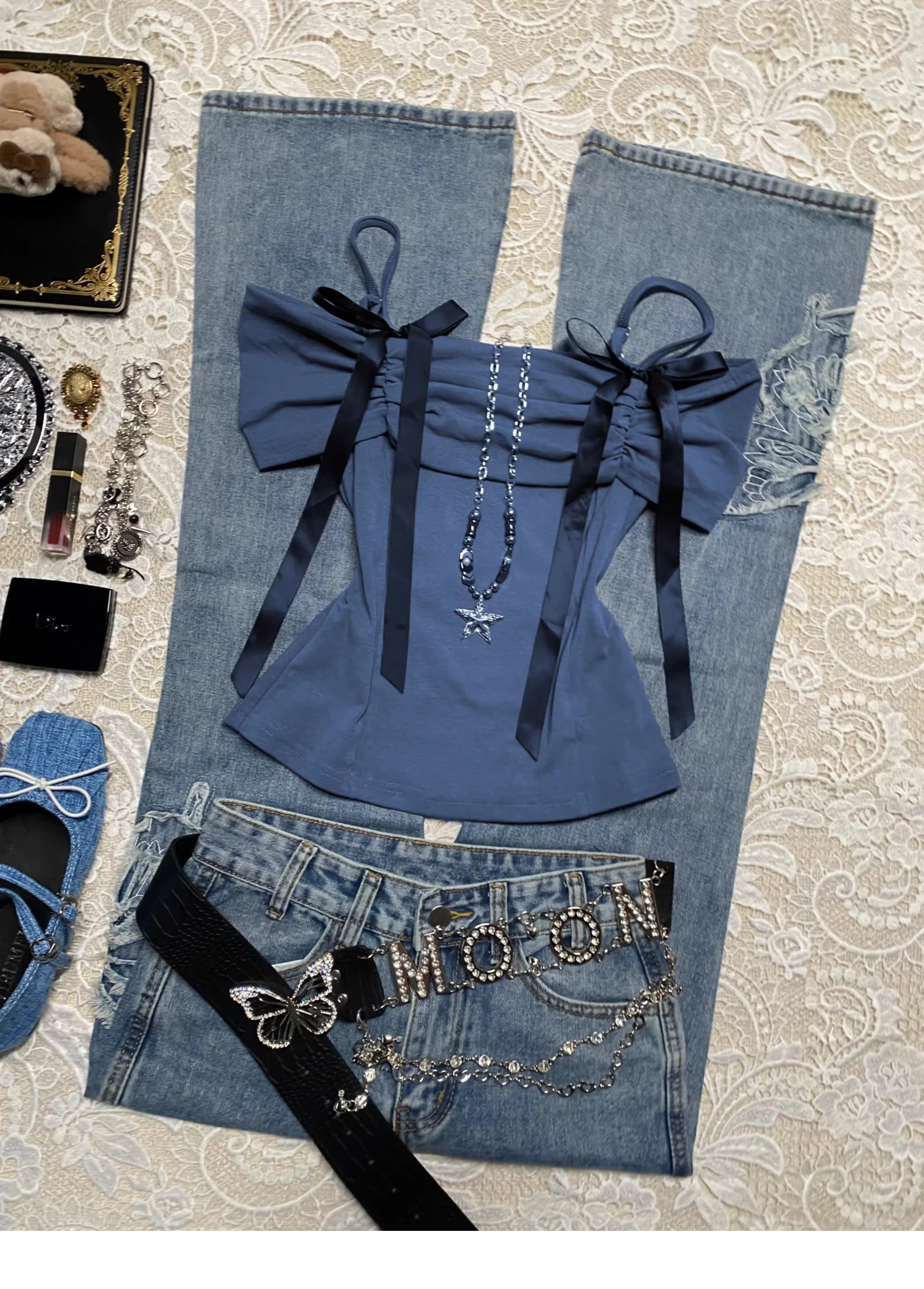 Off-shoulder Straps Vintage T-shirt - Image 2