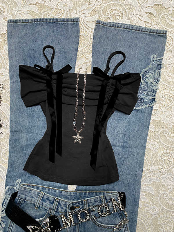 Off-shoulder Straps Vintage T-shirt - Image 3