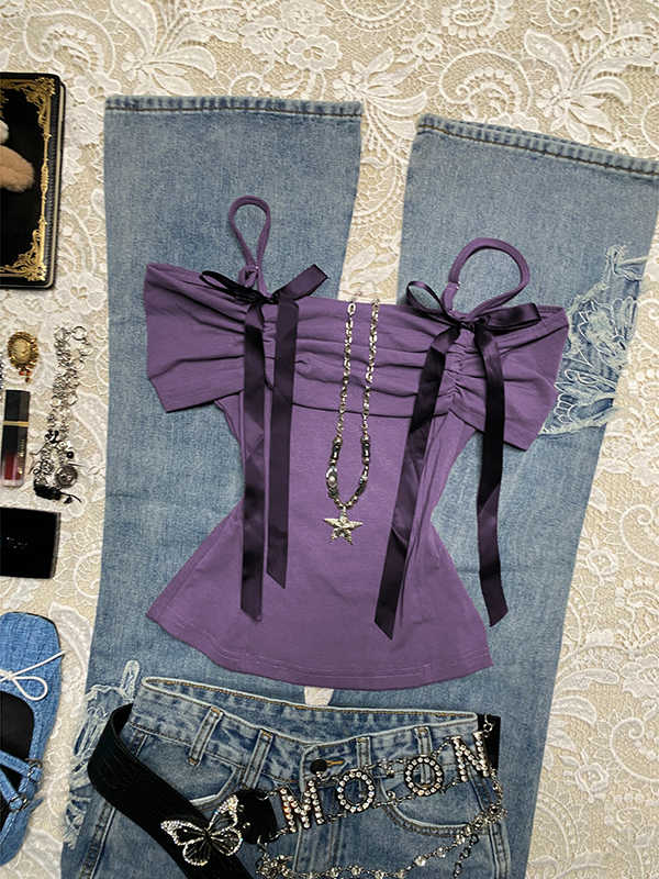 Off-shoulder Straps Vintage T-shirt - Image 5