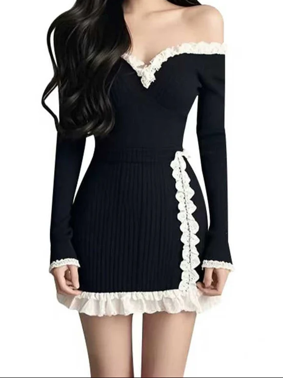 Off The Shoulder Knitted Dark Coquette Dress - Image 2