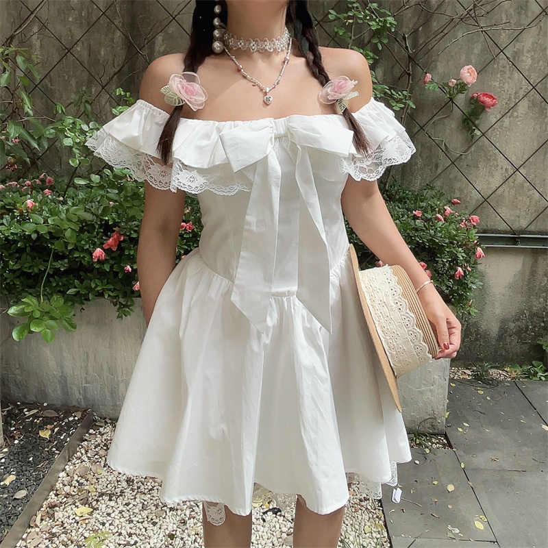 One-shoulder Lace Bow Fairy Dress - Image 4