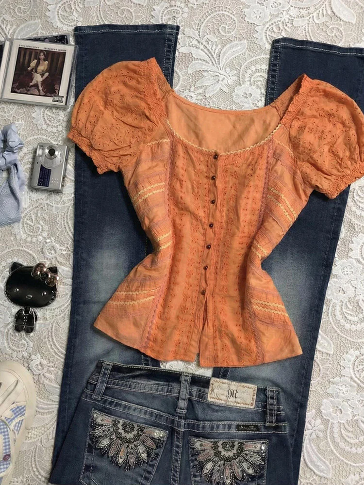 orange puff-sleeved shirt - Image 2