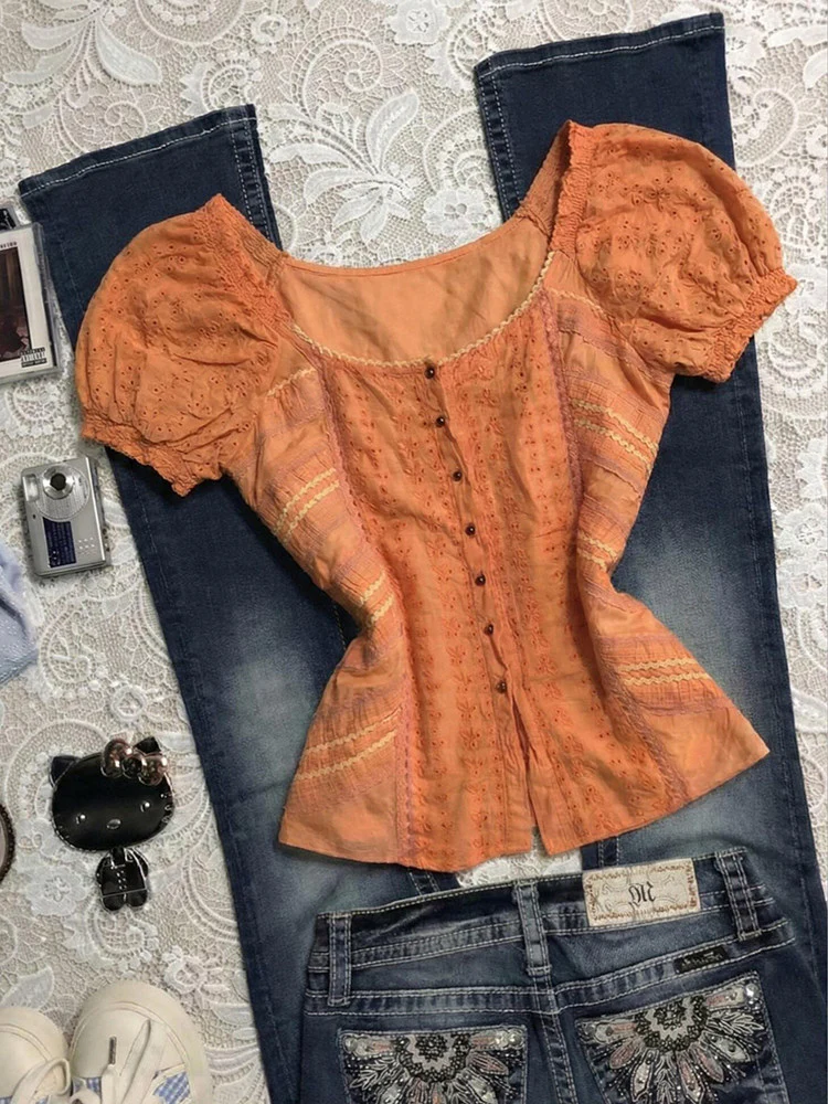 orange puff-sleeved shirt - Image 5