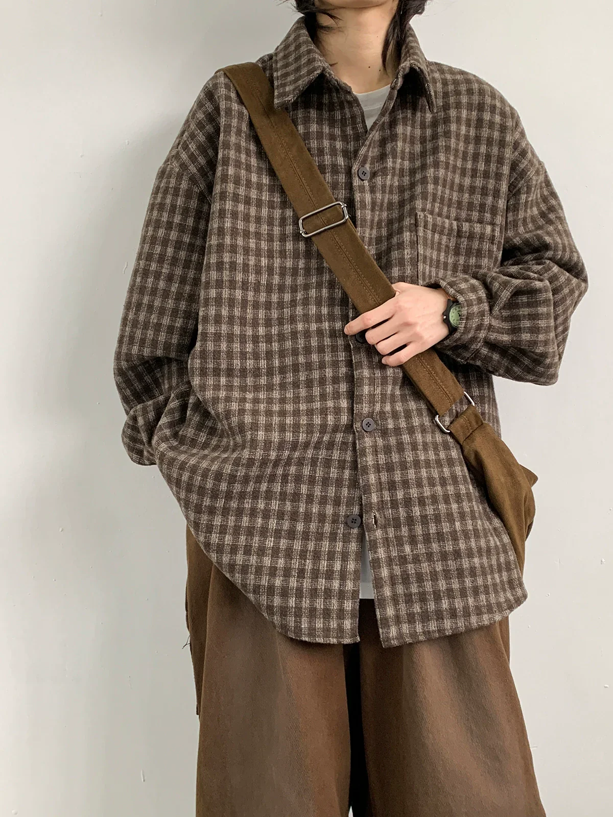 Oversized Brown Plaid Flannel Shirt
