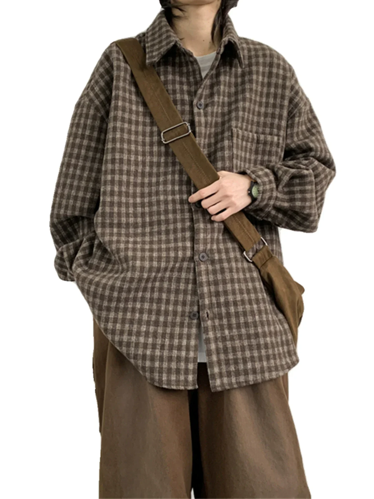 Oversized Brown Plaid Flannel Shirt - Image 3