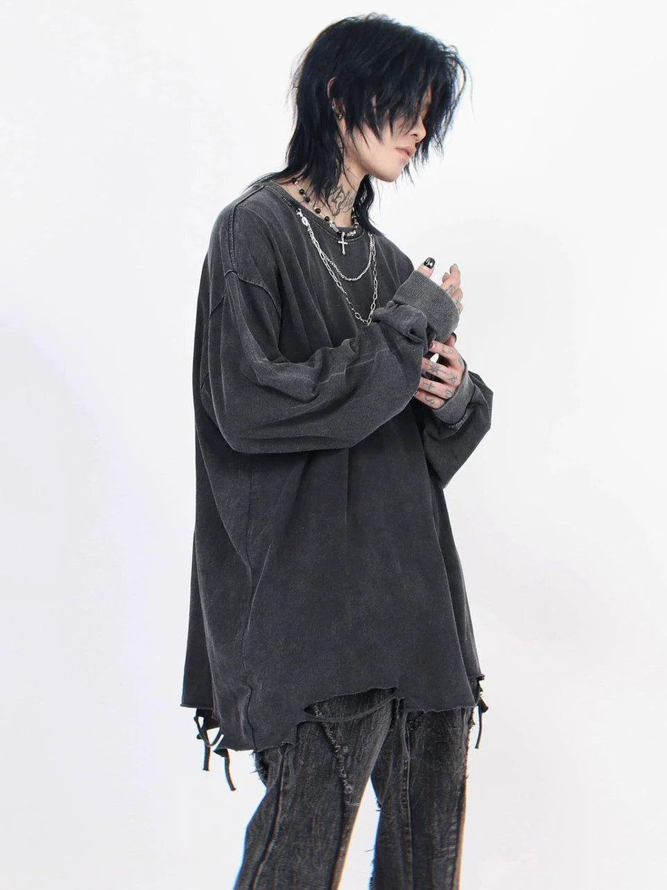 Distressed White Long-Sleeve Tee with Chain Cross Necklace
