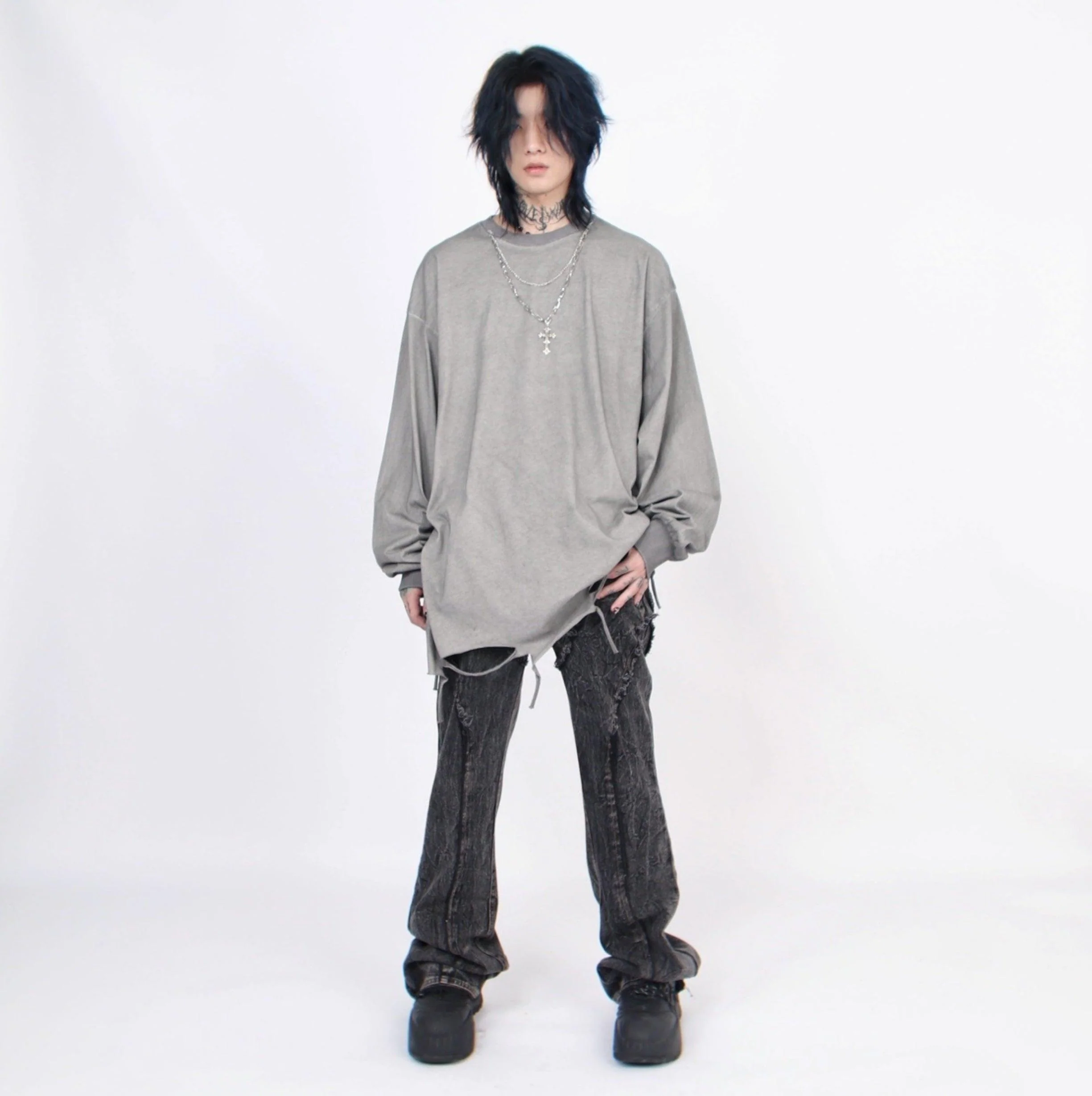 Distressed White Long-Sleeve Tee with Chain Cross Necklace - Image 11