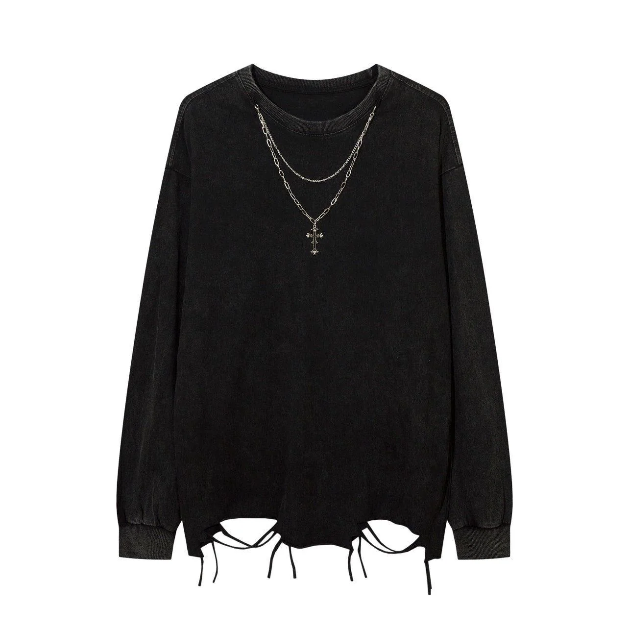 Distressed White Long-Sleeve Tee with Chain Cross Necklace - Image 13