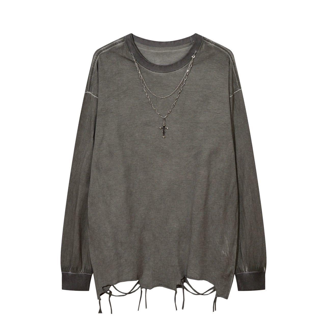 Distressed White Long-Sleeve Tee with Chain Cross Necklace - Image 14