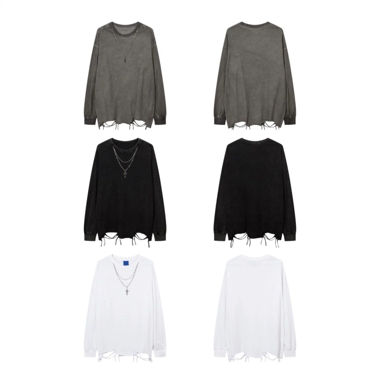 Distressed White Long-Sleeve Tee with Chain Cross Necklace - Image 15