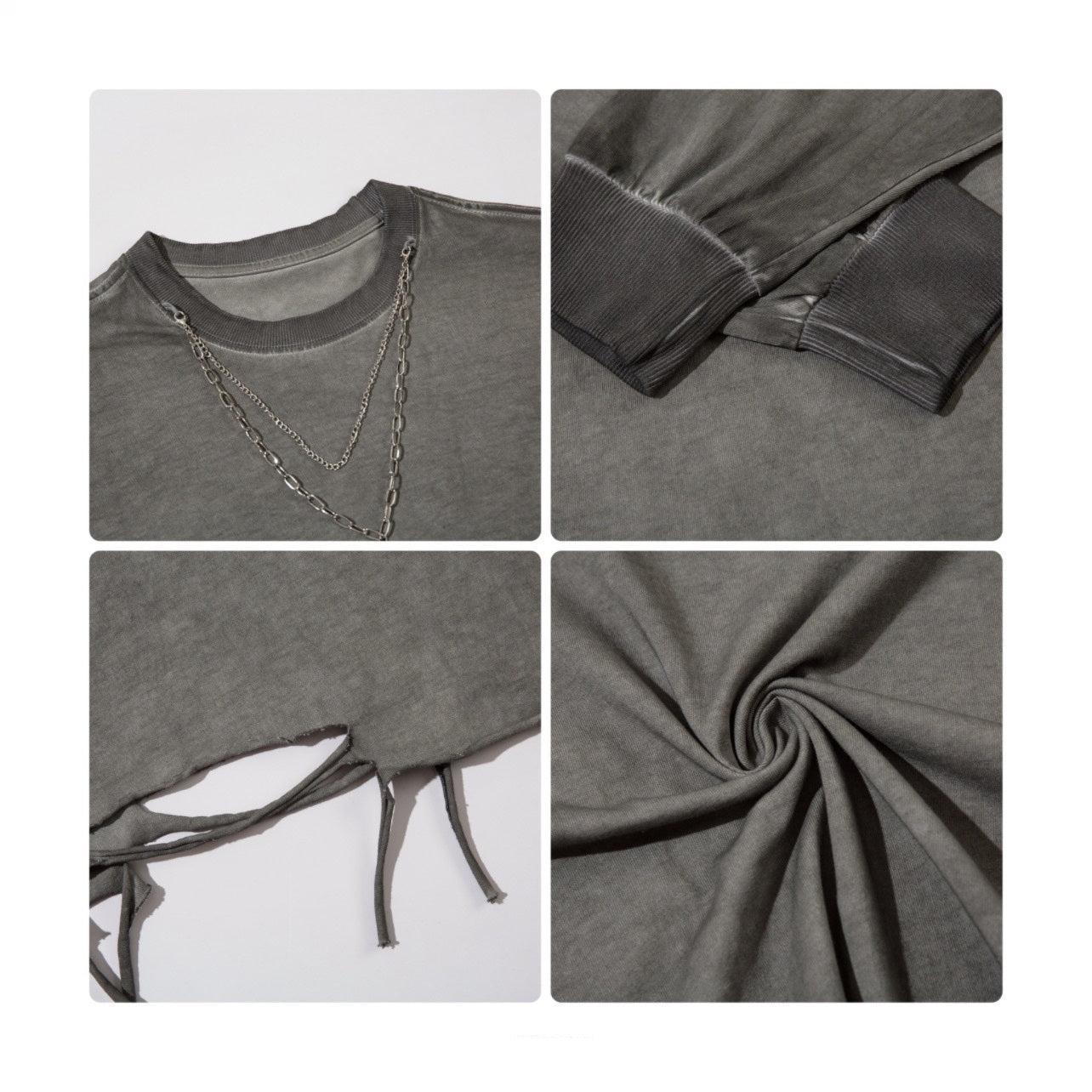Distressed White Long-Sleeve Tee with Chain Cross Necklace - Image 16