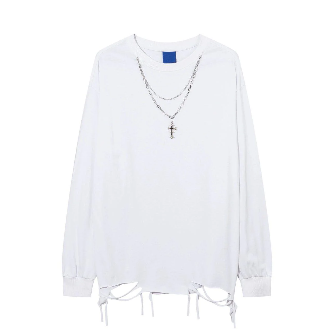 Distressed White Long-Sleeve Tee with Chain Cross Necklace - Image 19