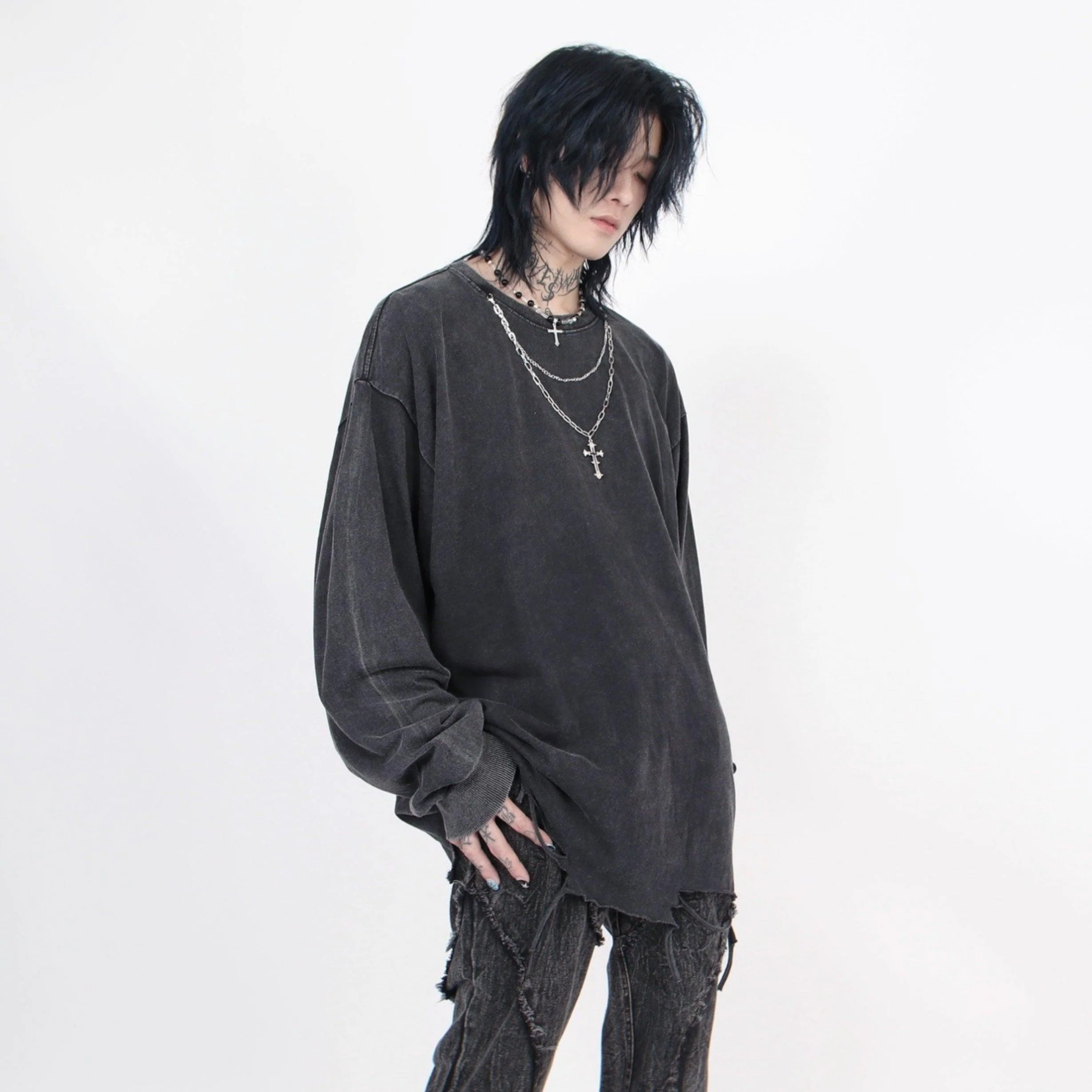 Distressed White Long-Sleeve Tee with Chain Cross Necklace - Image 2
