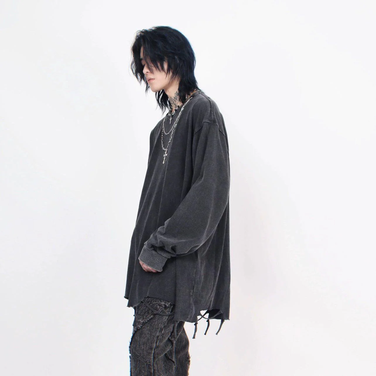 Distressed White Long-Sleeve Tee with Chain Cross Necklace - Image 3