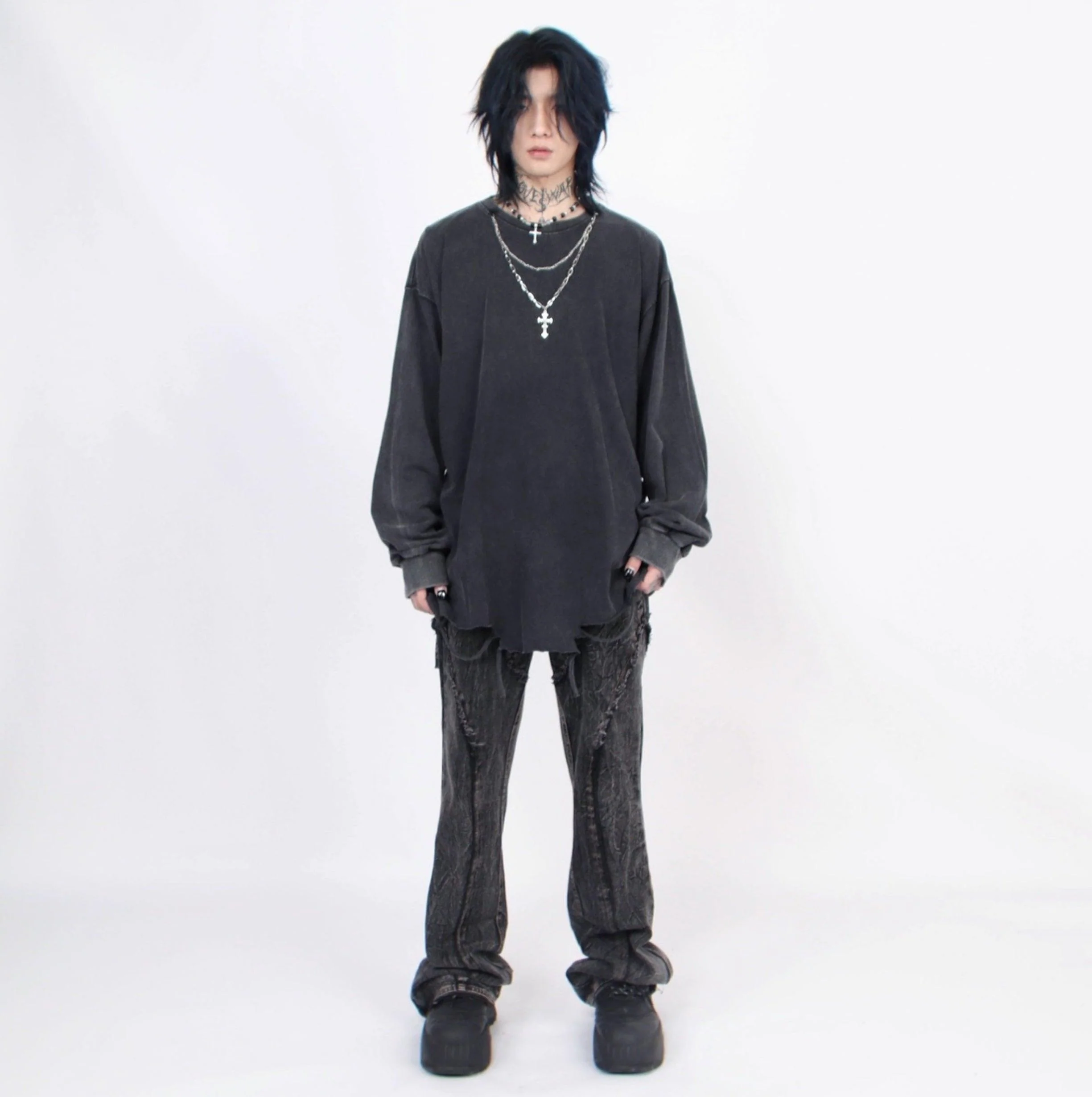 Distressed White Long-Sleeve Tee with Chain Cross Necklace - Image 7