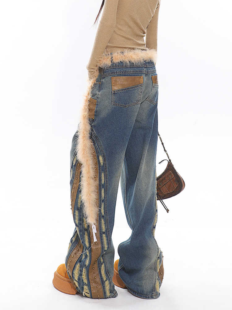 Patchwork Leather Bell Bottom Jeans - Image 3