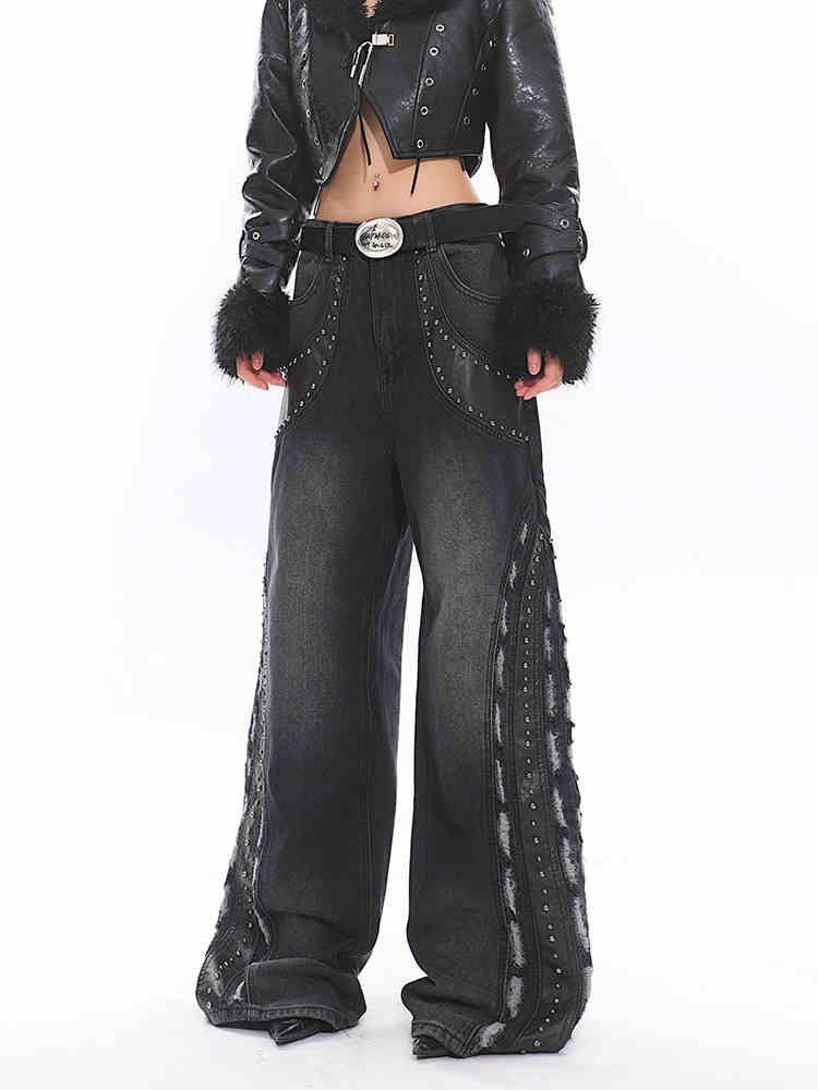 Patchwork Leather Bell Bottom Jeans - Image 4