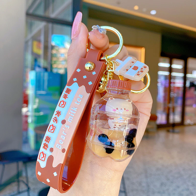 Pearl milk tea cup bear quicksand pendant