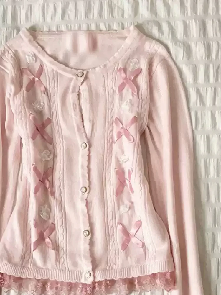 Pink Bow Knitted Cardigan - Image 3
