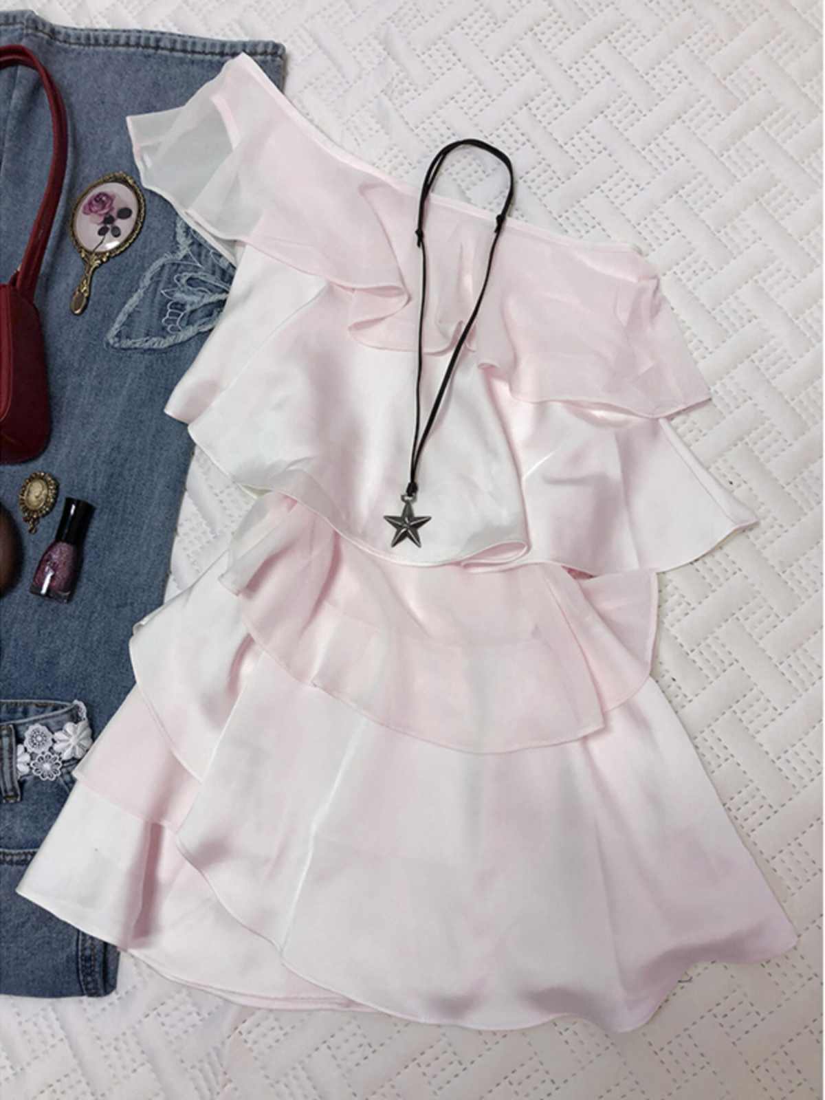 Pink Chiffon One-shoulder Mini Dress - Image 2