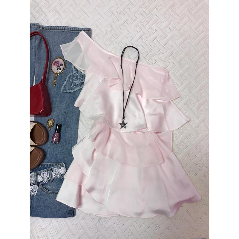Pink Chiffon One-shoulder Mini Dress - Image 6
