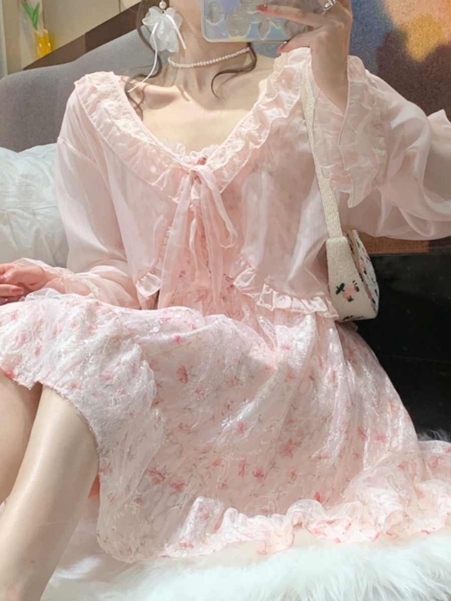 Pink Floral Chiffon Suspender Dress - Image 3