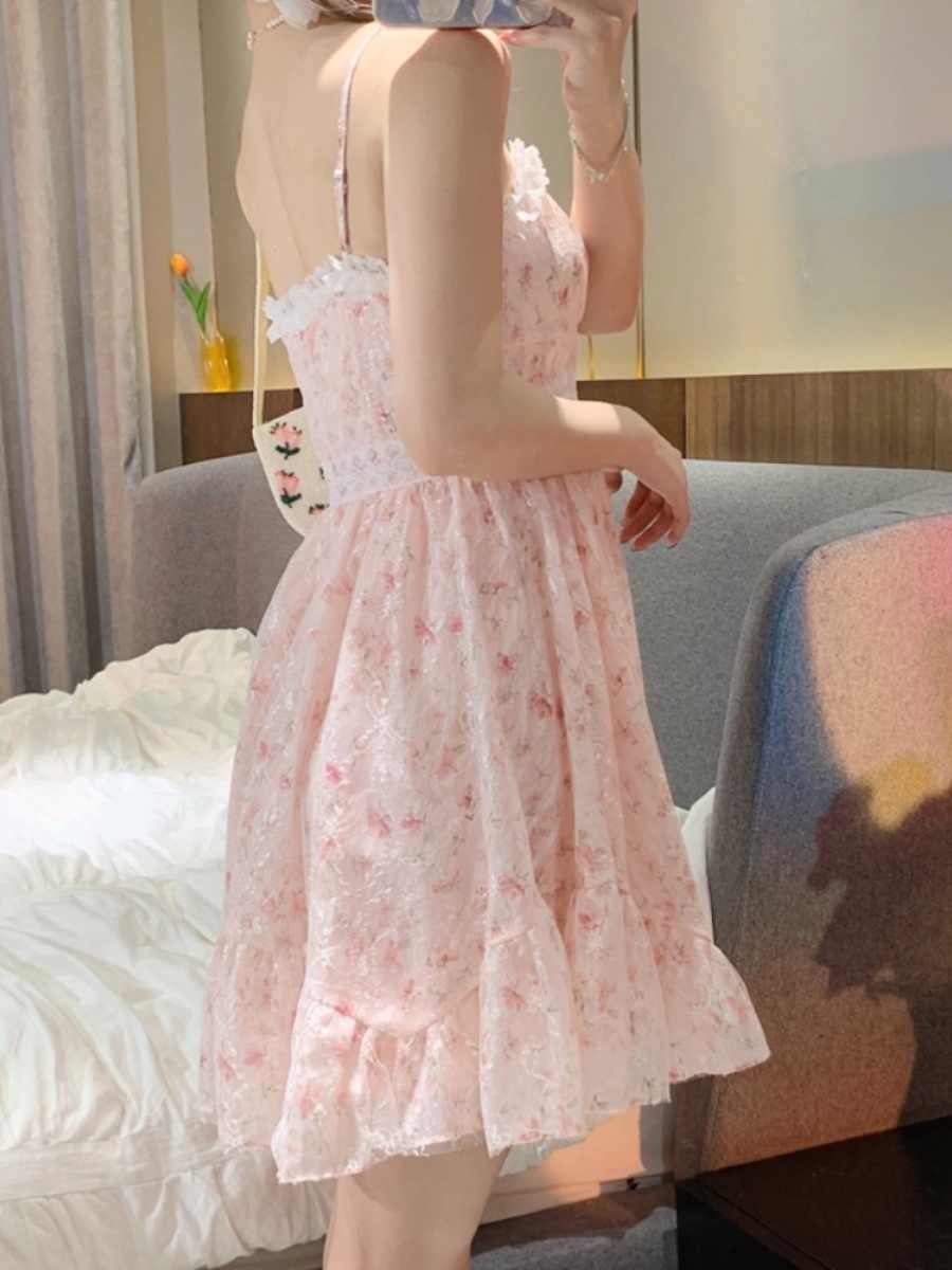 Pink Floral Chiffon Suspender Dress - Image 4