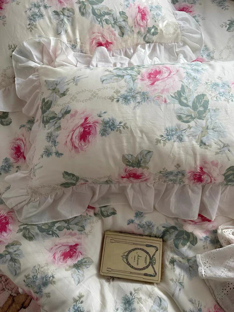 Pink Floral Ruffle Cotton Bedding Set - Image 8