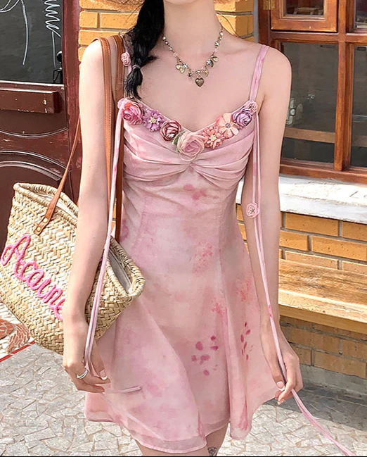 Pink Flower V-neck Suspender Dress - Image 2