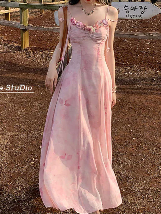 Pink Flower V-neck Suspender Dress - Image 3