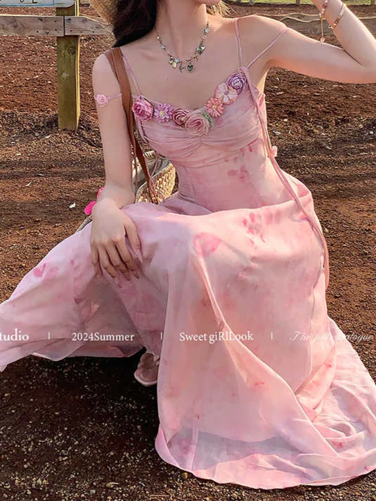 Pink Flower V-neck Suspender Dress - Image 4