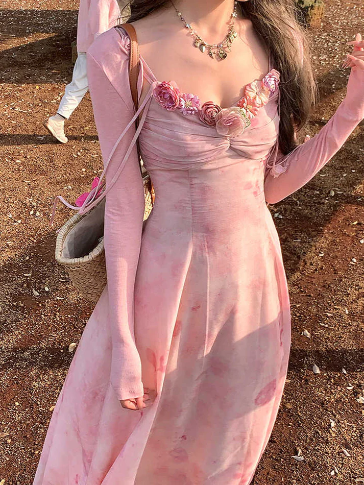 Pink Flower V-neck Suspender Dress - Image 5