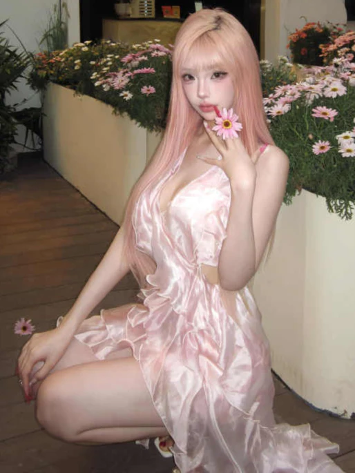 Pink Gradient Multi-layered Gauze Halter Backless Dress - Image 2