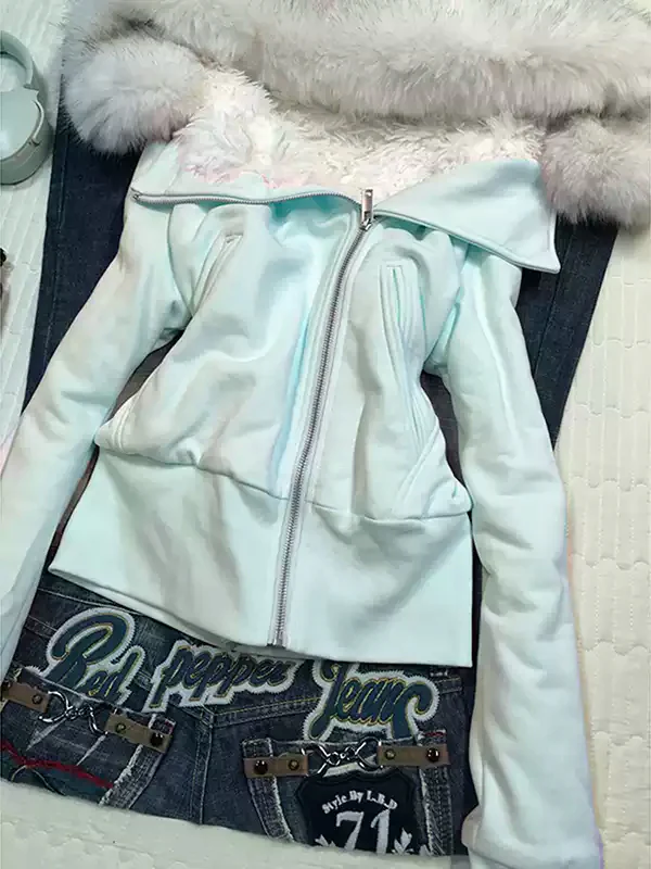 Pink hooded fur collar sweatshirt jacket - Image 2