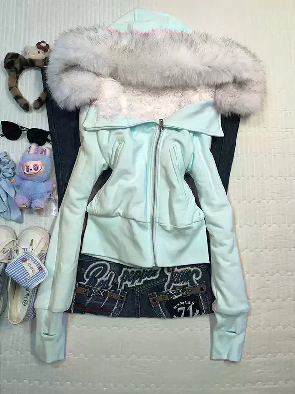 Pink hooded fur collar sweatshirt jacket - Image 3