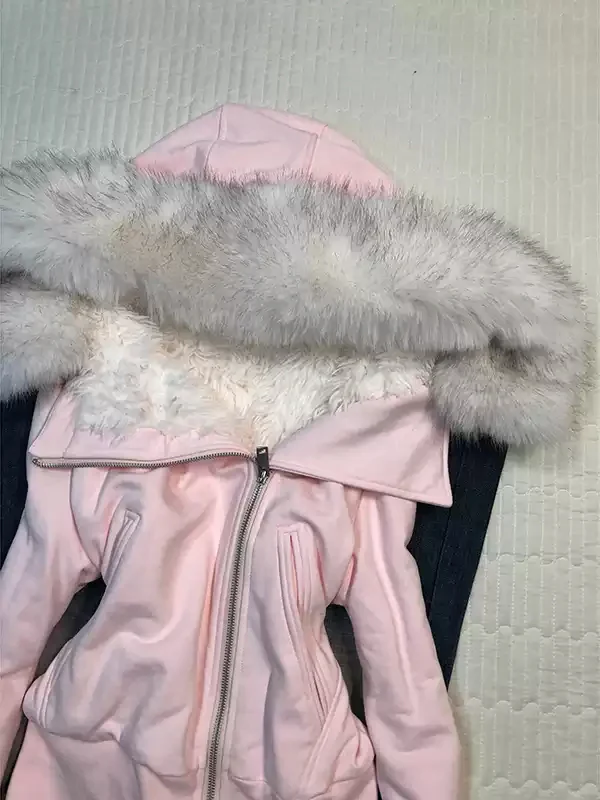 Pink hooded fur collar sweatshirt jacket - Image 4