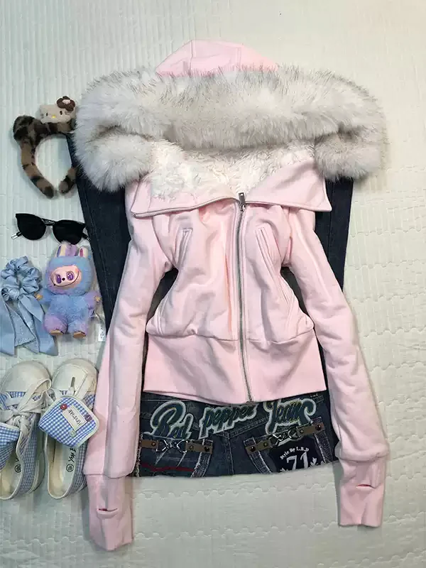 Pink hooded fur collar sweatshirt jacket - Image 5