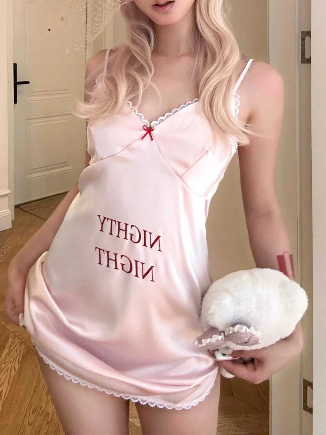 Pink Ice Silk Letter Nightgown